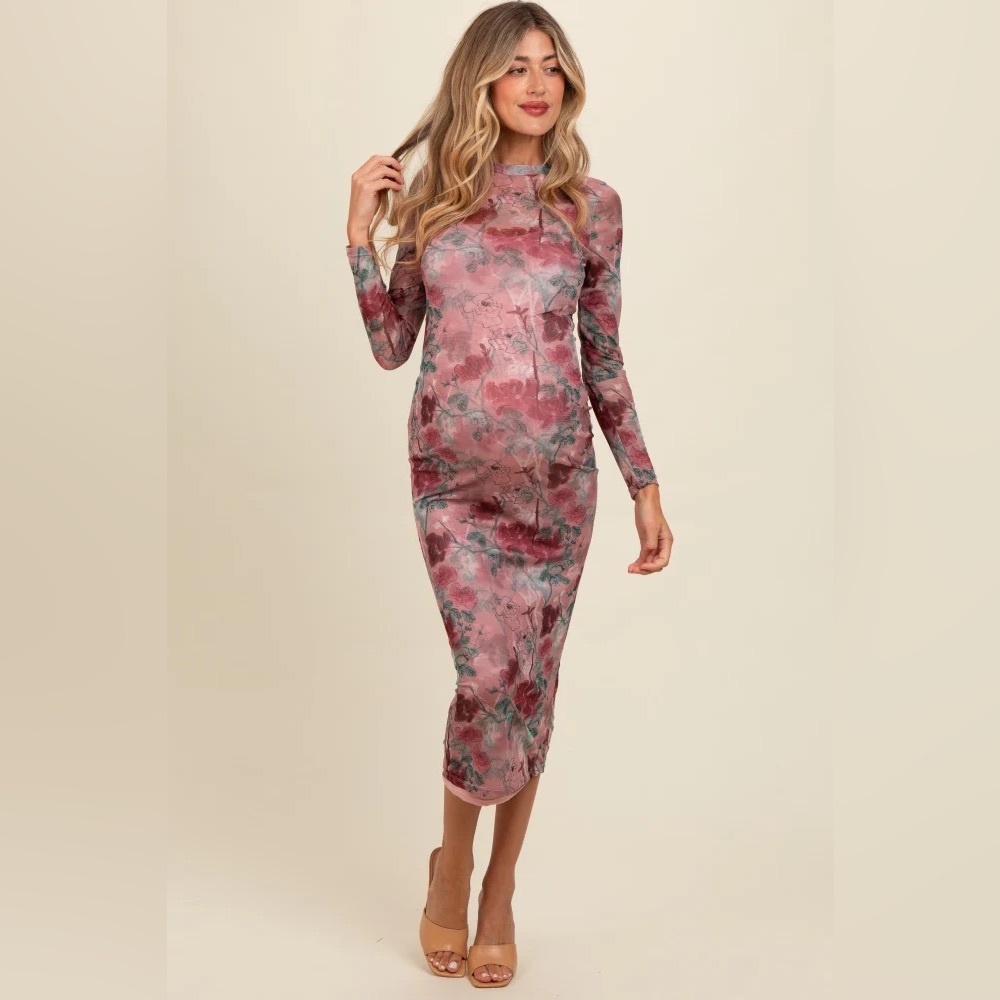 Pink blush Mauve Floral Printed Mesh Overlay Maternity Maxi Dress